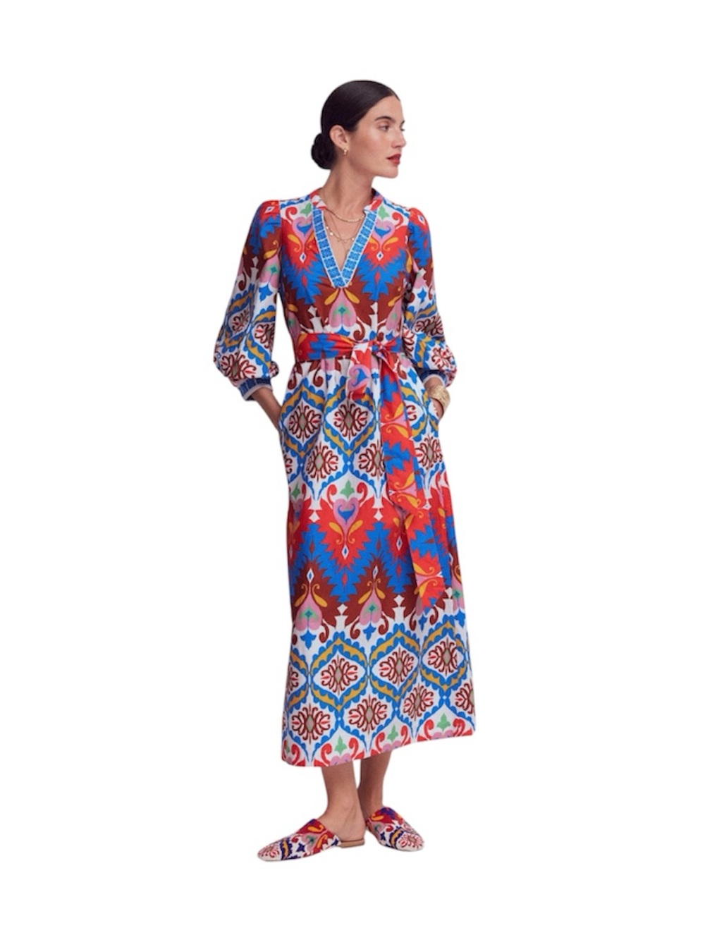 BODEN Octavia Cotton Dress Multi Ikat Dream Long Sleeve Midi Dress Size 2 Petite
